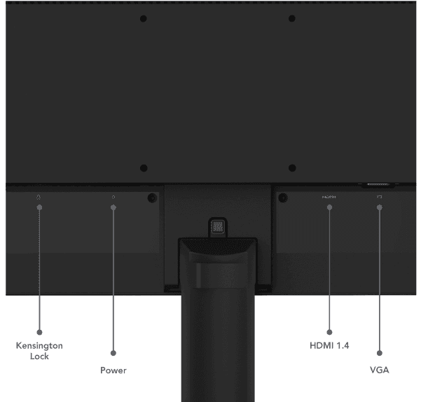 Porte posteriori del Lenovo ThinkVision S27-4e con ingressi HDMI 1.4, VGA e alimentazione, perfetto per connessioni versatili. Porte posteriori del Lenovo ThinkVision S27-4e con ingressi HDMI 1.4, VGA e alimentazione, perfetto per connessioni versatili.